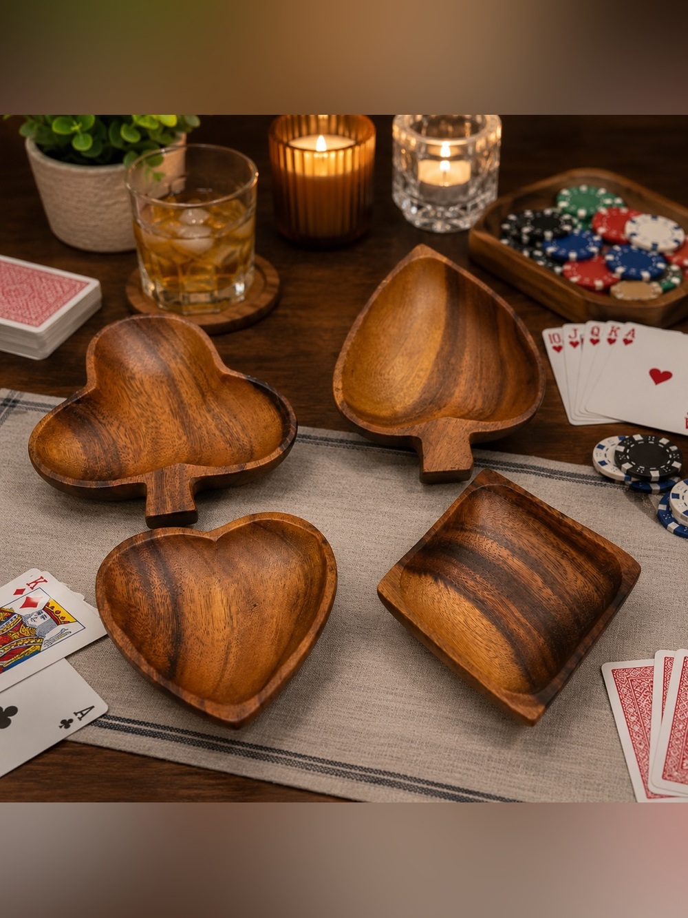 Vintage Wood Playing Card Suit Bowls Set of 4 Heart Spade Club Diamond